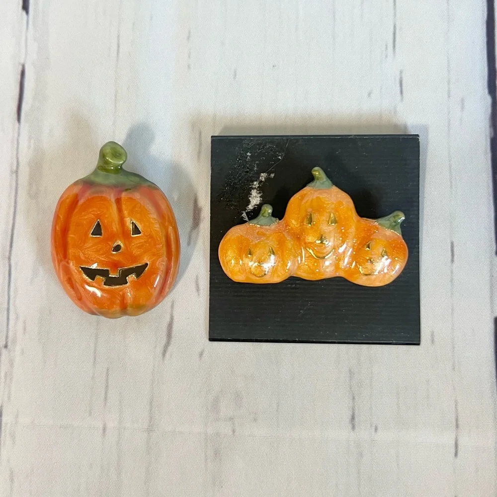 Vintage Halloween Pumpkin Brooch Pin Set Enamel Jack O Lantern Fall